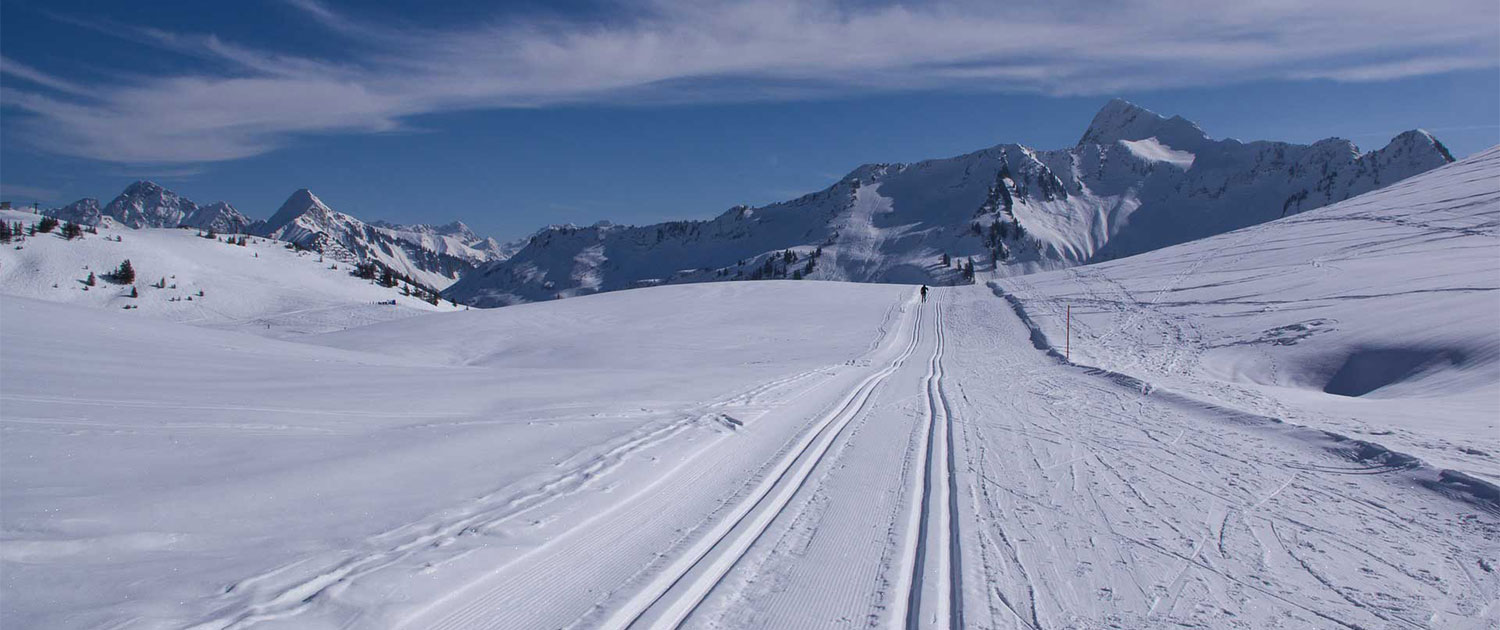 Loipe am Hochwechsel mit sonnigem Bergpanorama
